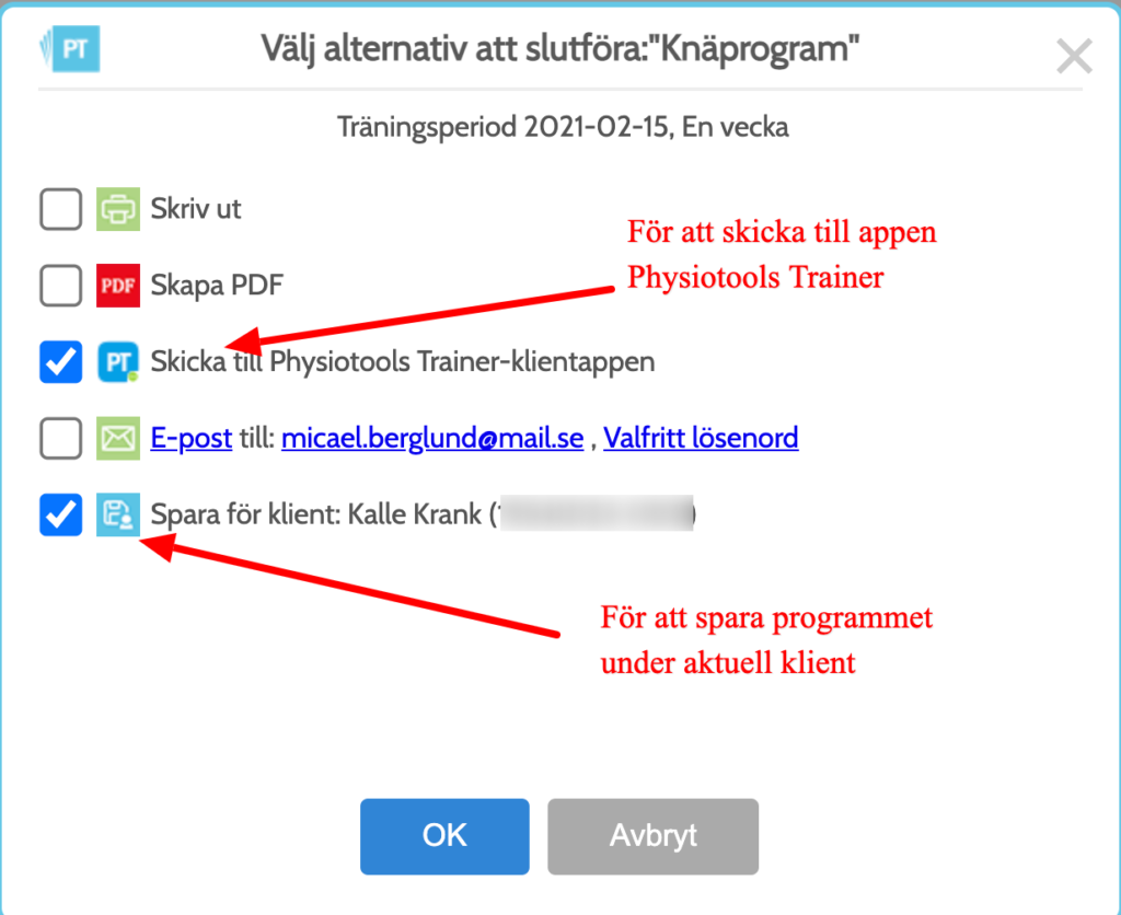 Skicka till app Physiotools Trainer